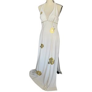 Vintage 60s/70s Maxi Length White Gold Silver Floral Halter Maxi Dress